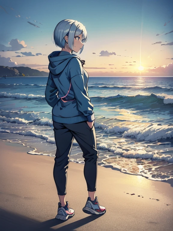 cute, masterpiece, highest quality, high resolution,,One girl standing on the beach, alone,Silver Hair, Small earrings Bob cut hair, Sports Style,outside,Artistic,An illustration,Pants Style,Line art,Aqua Eye,morning,look up,back,Seaside,Best lighting,sun,Girl in a hoodie,Girl in cap,Girl in running shoes,