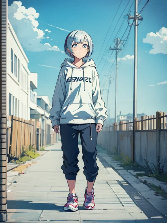 cute, masterpiece, highest quality, high resolution,,One girl standing on the beach, alone,Silver Hair, Small earrings Bob cut hair, Sports Style,outside,Artistic,An illustration,Pants Style,Line art,Aqua Eye,morning,look up,back,Seaside,Best lighting,sun,Girl in a hoodie,Girl in cap,Girl in running shoes,