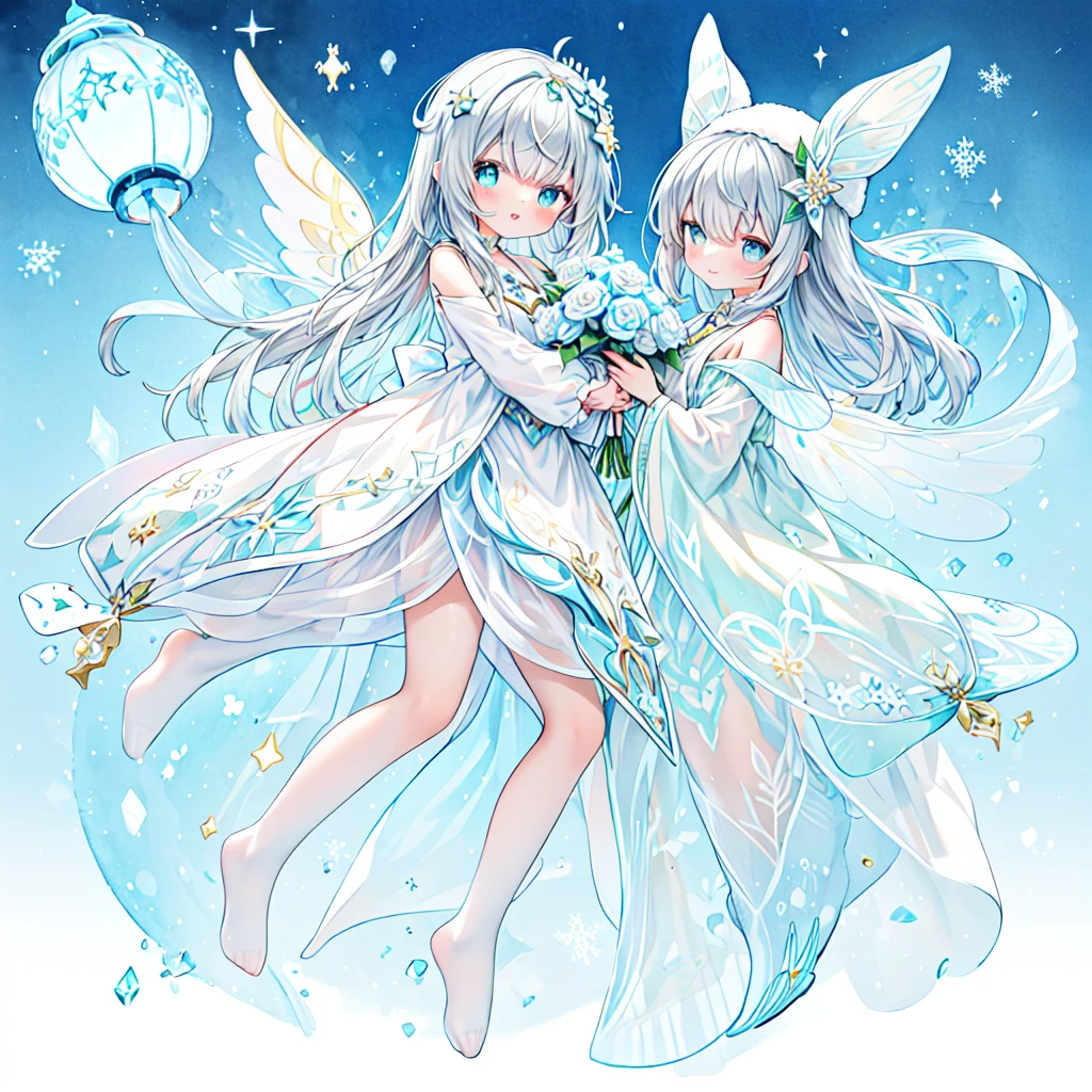 1 girl:1.5、、(pastel colour:1.3)、(cute illustration:1.3)、(watercolor painting:1.1)、(She wears transparent and sparkling crystal wings.。.。.。.。.。：1.5)、laughter、Hands under the chin、
detailed background、smile with open mouth、beautiful and detailed、Moya、Colorful、marble、particles of light、pattern、rightward、Shirayuki Noel、snowflake、Diamond dust、gray hair、braid hair、jump、floating、full body beer、Knitted hats、
Detail view、Bright colors、striking contrast、intricate details、delicate depiction、luminescent、From the side、beautiful features、bright colored eyes、Wearing elaborate and delicate jewelry、shining aura、shining hair,Illuminated by the morning light、winter wreath、Pale light blue background、Fairy with a bouquet of flowers、Fancy Fairy、gray hair、Bun head、jump、floating、Full body Esbian