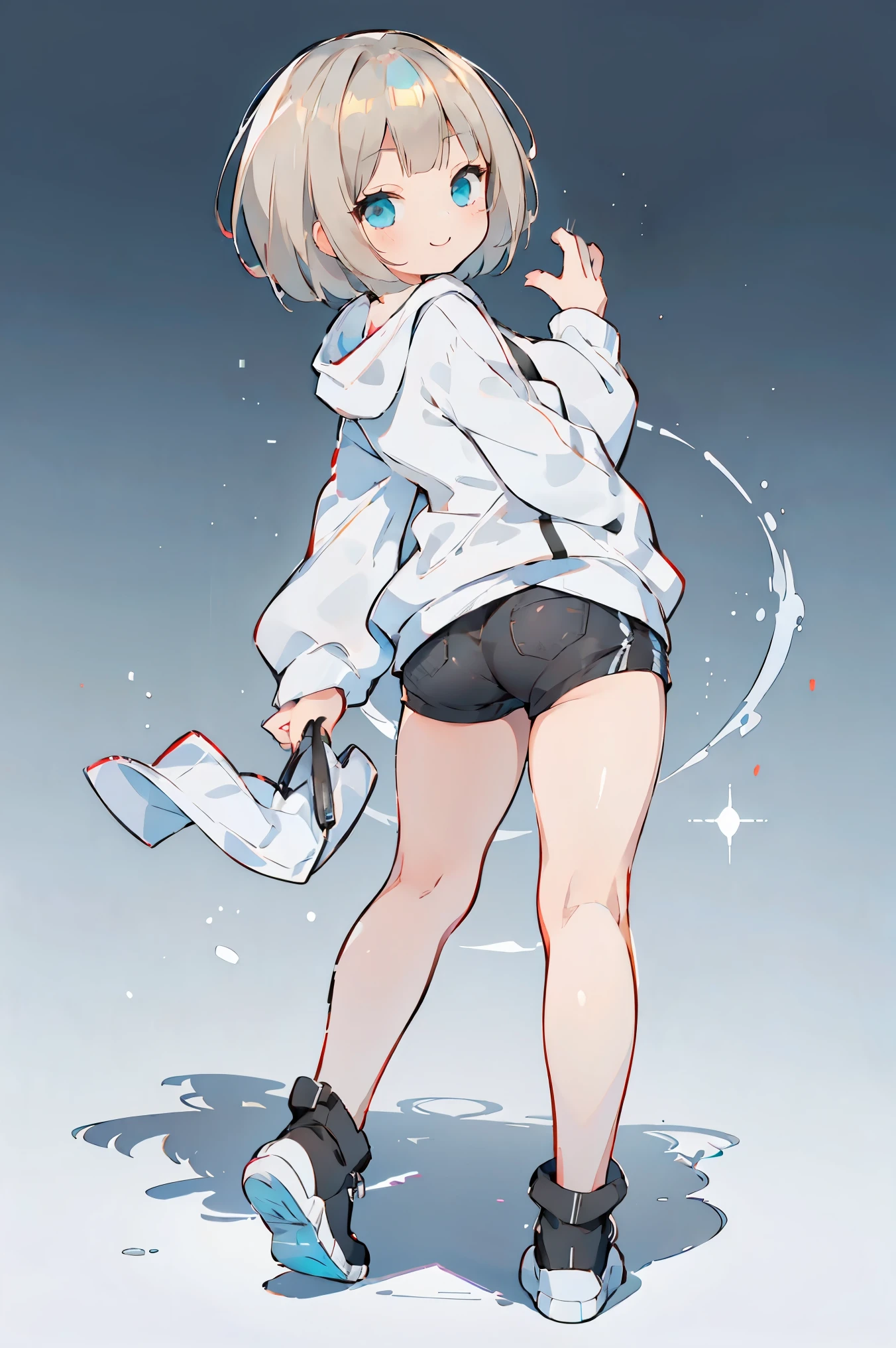 lit from behind,Full body,25-year-old Caucasian woman、platinum blonde、shiny skin、smile、turn around、 short mash hair, turquoise eyes, plain white hoodie, black shorts, black sneakers,Beautiful woman looking back、 (shading, detailed, high quality, shadow:1.1),Strong afterglow