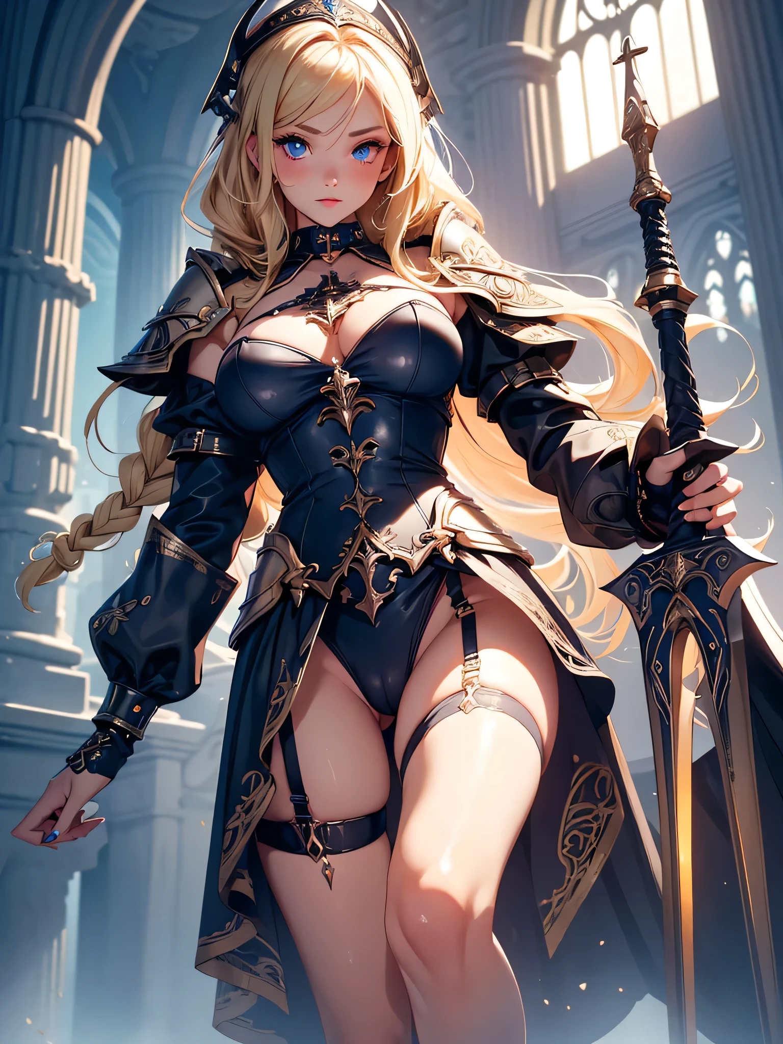 nsfw,Master piece,best quality,ultra-detailed,valkyrie,(1 girl),beautiful girl,panty shot,cameltoe,garter belt,seductive young woman,beautiful breasts,full body,standing,armored dress, (blonde single braid),big blue glowing eyes, (beautiful detailed eyes), cute,cool,pale skin,lips, (holding ornate longsword),(white side-tie panties),fantasy cathedral,(embarrassed),(aroused),black collar,sweat,stand,open legs,Choker with chains,tentacle, sewer, tentacle control