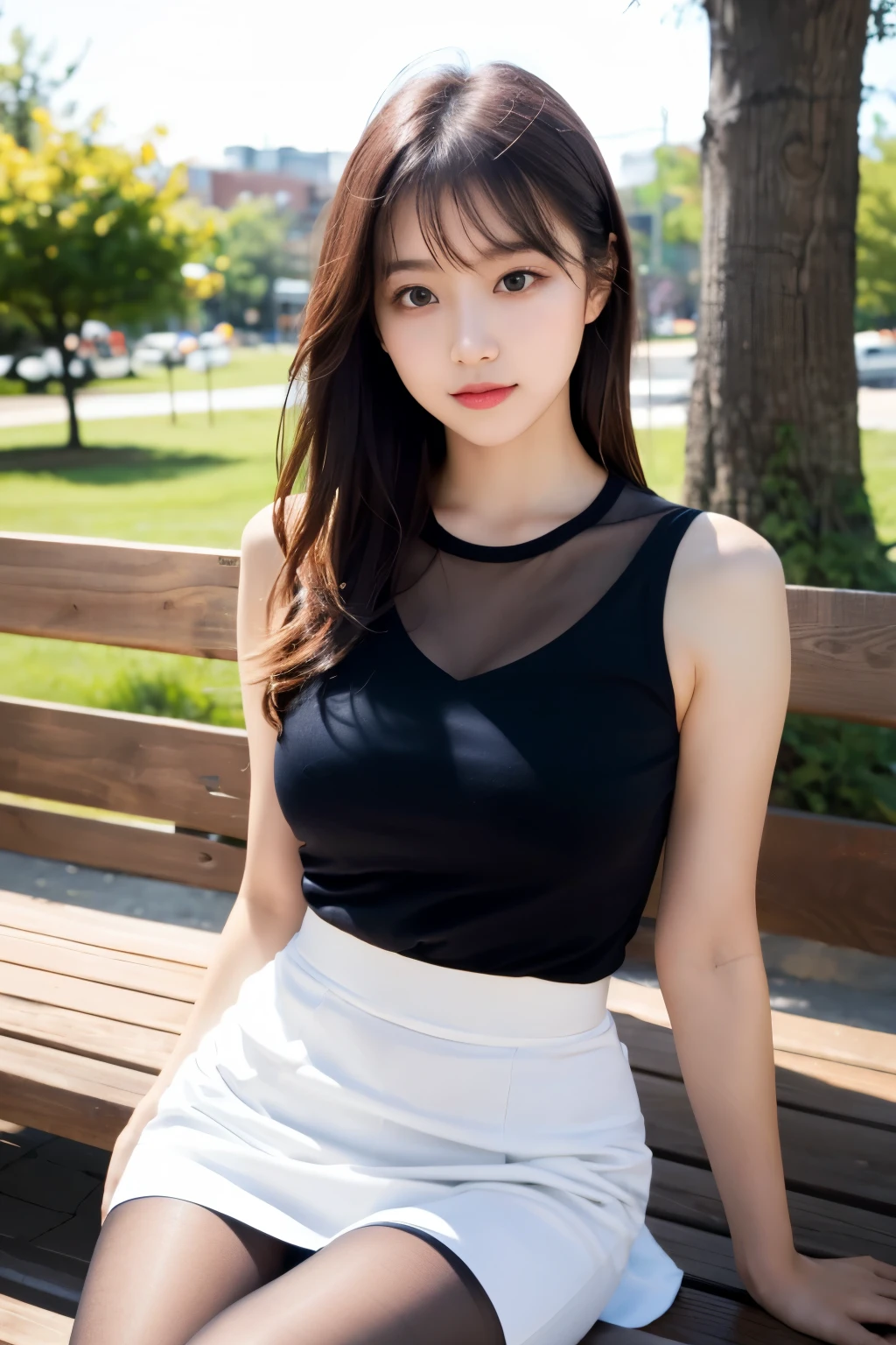 ulzzang-6500-v1.1, (Raw photo:1.2), (Photorealistic), (See-through:1.3), (masterpiece), (Genuine:1.4), Very detailed, Sharp focus, Girl sitting on a park bench with trees in the background, Beautiful face with arms and legs, Korean Girls, Wearing long, loose clothing, Ultra-realistic pantyhose、Young and pretty girl, Nice hips and long legs, Attractive pose, Full body photo, 全身Cute young woman, wear tight, simple clothes, Cute young woman, Wearing a white skirt, Cute and elegant pose