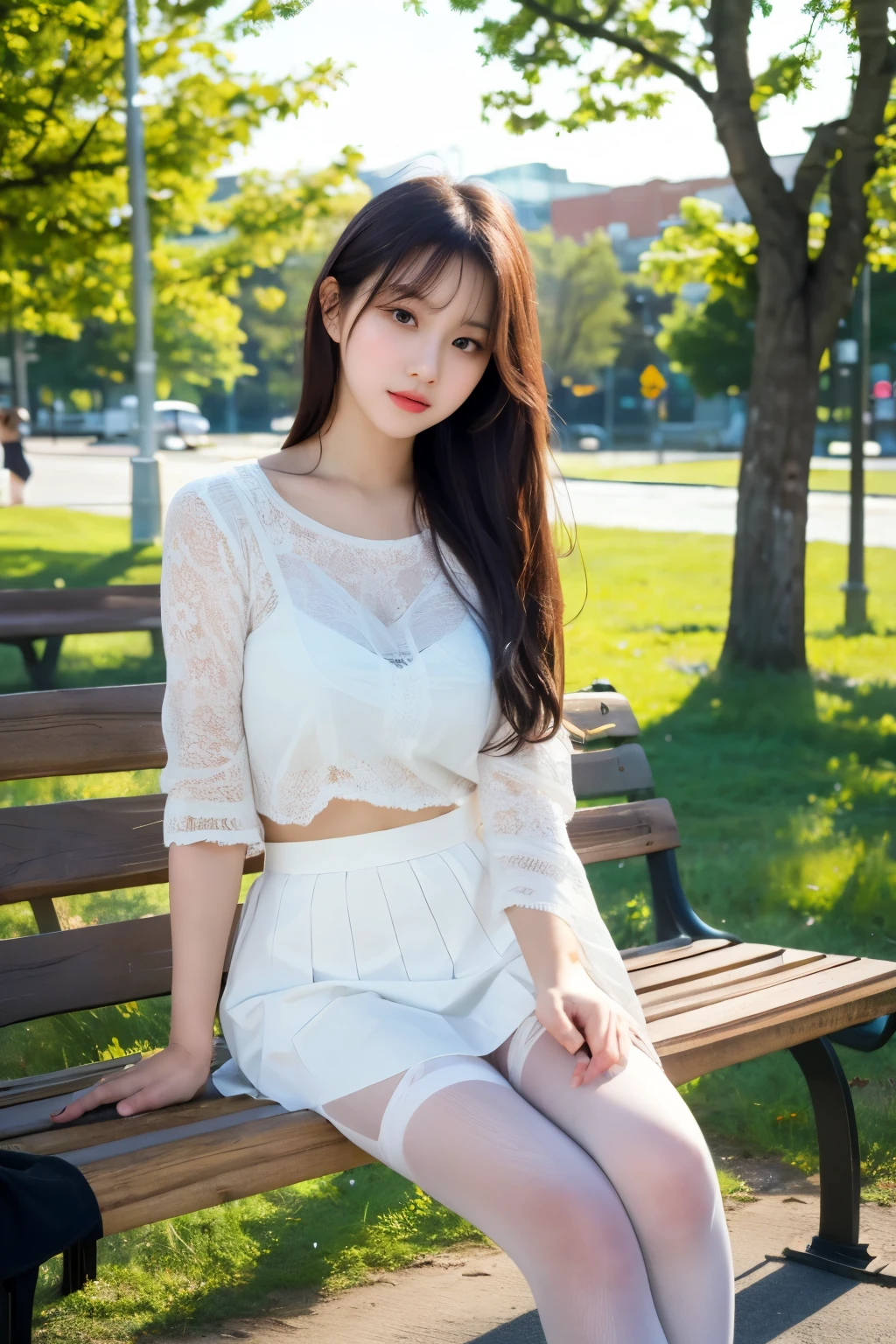 ulzzang-6500-v1.1, (Raw photo:1.2), (Photorealistic), (See-through:1.3), (masterpiece), (Genuine:1.4), Very detailed, Sharp focus, Girl sitting on a park bench with trees in the background, Beautiful face with arms and legs, Korean Girls, Wearing long, loose clothing, Ultra-realistic pantyhose、Young and pretty girl, Nice hips and long legs, Attractive pose, Full body photo, 全身Cute young woman, wear tight, simple clothes, Cute young woman, Wearing a white skirt, Cute and elegant pose