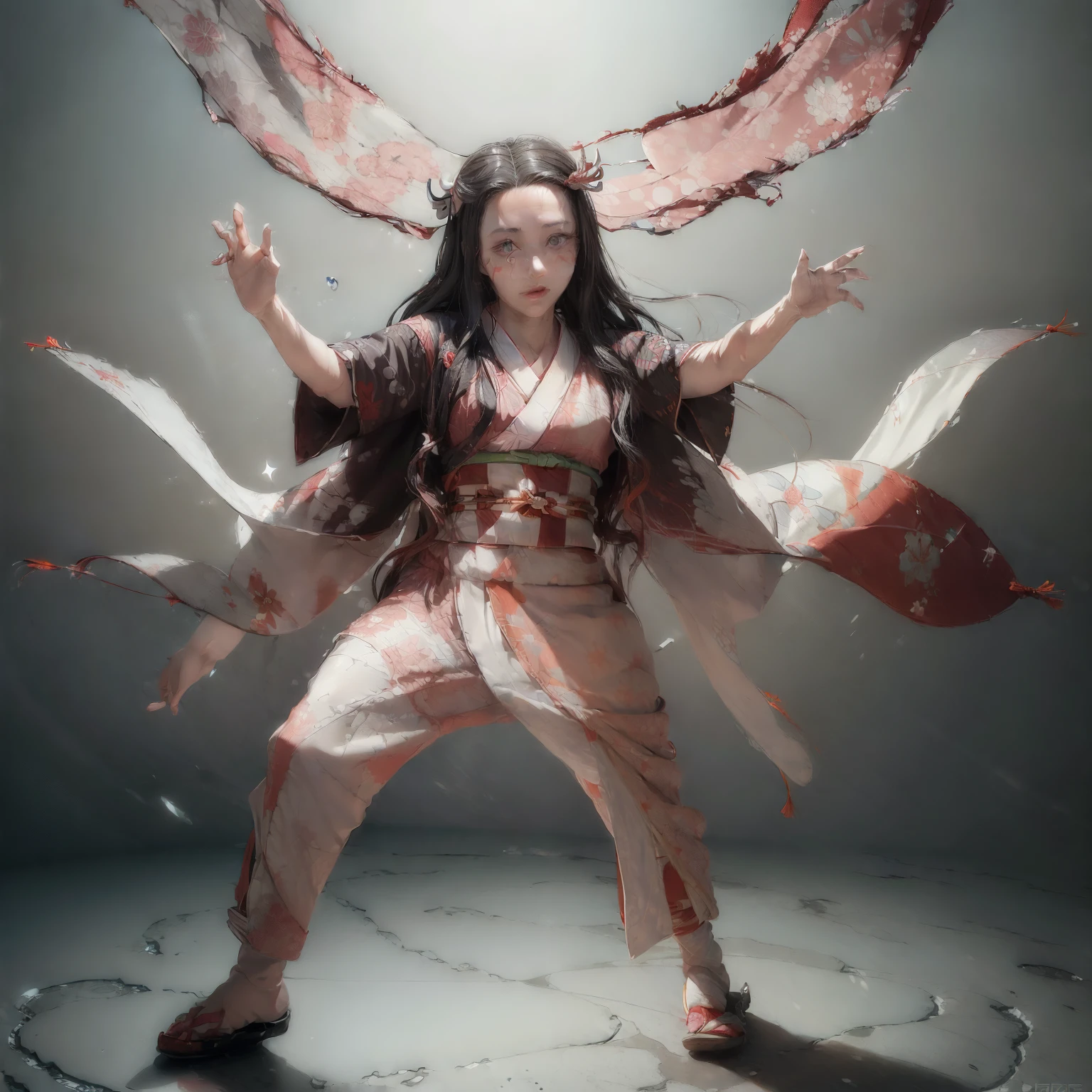 ((Nezuko:1.3), Ultra-detailed Nezuko character, ((realistic:1.5)), anime style, ((masterpiece:1.4)), Nezuko with glowing scar, ((sub-surface Scattering:1.5)), Nezuko in traditional Japanese clothing, ((Photorealistic:1.37)), Nezuko with intricate patterns and textures, (((Nezuko's kimono)):1.5), ((thick fabric:1.37)), ((white and red color scheme:1.4)), Nezuko looking animated and expressive, ((dynamic poses:1.5)), Ne