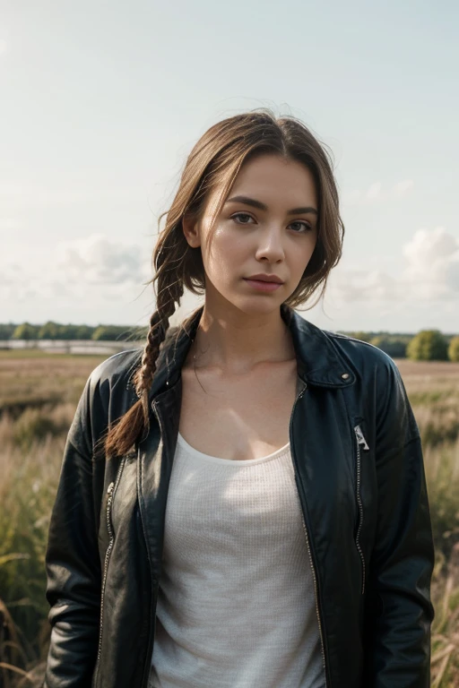 a woman, 25 year old, delicate, cheveux de longueur moyenne, cheveux bruns, skin details, pores de la peau, éclairé par les flashs des photographes, posing, photoshoot, dans une prairie américaine, tenue de biker, blouson en cuir, chemise en jean, dreadlocks