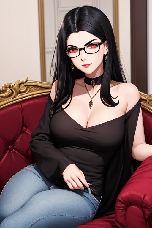 1vampira, shoulder-length black hair, olhos vermelhos, glasses, orelhas pontudas, thin lips, Rosto redondo, seios grandes, usando regata preta e jeans,sitting not sofa