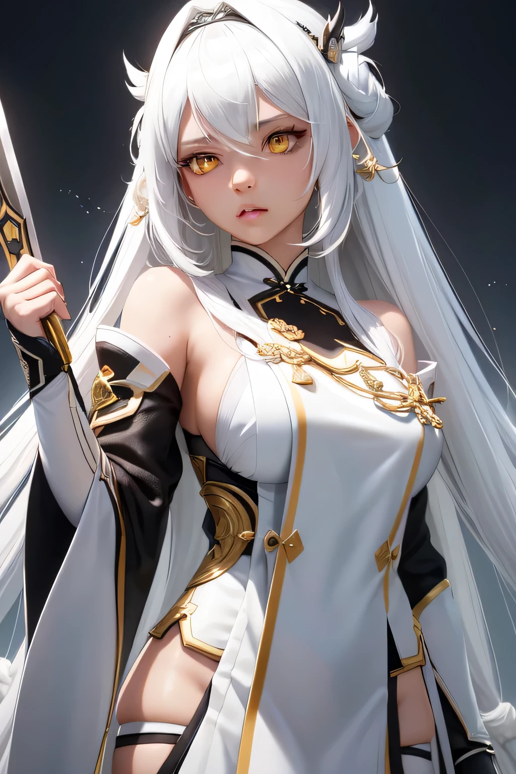 Black anime girl with long white hair, dressed in a pristine white outfit, wields a sword with impassioned Genshin Impact-inspired style. Her captivating yellow eyes gleam with determination. Intricate details and realistic CGI bring this breathtaking scene to life with an Octane render, bathed in top light. Cinematic composition, low camera angle, and an ISO setting of 200 create an immersive 8K experience.