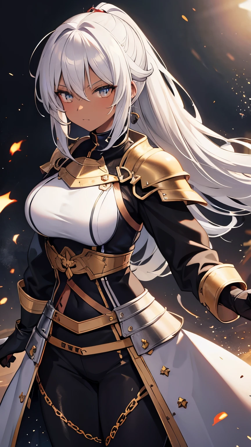 ((blonde hair)), hair behind ear, (short ponytail), bloodshot eyes, cinematic lighting, bust chart, retina, (high quality), ccurate, ((best quality)), perfect detail, ((black skin, tanned skin)),16k, ((medieval knight)), (silver gloves, silver armor:1.3), (great sword), dust flying,