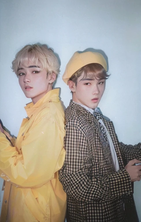Two young men in yellow jackets and ties posing for a photograph., todos del grupo nct, nixeu y sakimichan, BTS, foto en color de los 90, foto coloreada, with yellow cloths, escaneo de alta calidad, mega scans, escaneo de revista, uescaneo de alta calidad, estan cerca el uno del otro, foto del catalogo, Jimin
