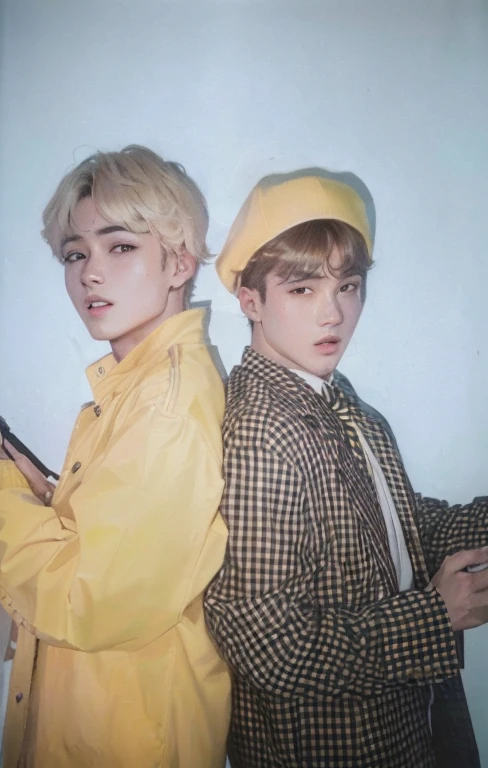 Two young men in yellow jackets and ties posing for a photograph., todos del grupo nct, nixeu y sakimichan, BTS, foto en color de los 90, foto coloreada, with yellow cloths, escaneo de alta calidad, mega scans, escaneo de revista, uescaneo de alta calidad, estan cerca el uno del otro, foto del catalogo, Jimin