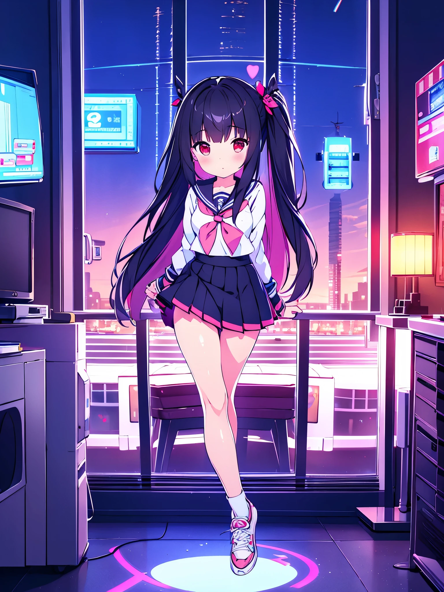 beautiful girl incredible quality 4k vtuber with red eyes multiple color blue and black hair con cinta rosa  Short pleated skirt long sleeve sailor style blouse long white stockings pink tennis shoes with black vtuber youtuber en habitación estudio de grabacion pc gamer de fondoi con micrófono y luces LED rgb cyberpunk 