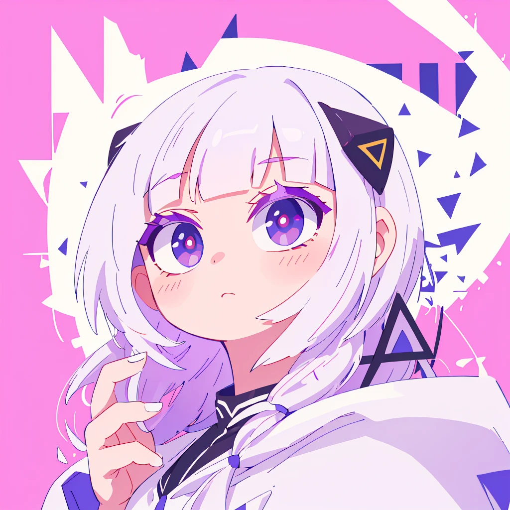 (main part, Best quality at best:1.2), 1 girl, There  a small purple horn on the hair, big white hair, a purple eye, white and light purple clothes