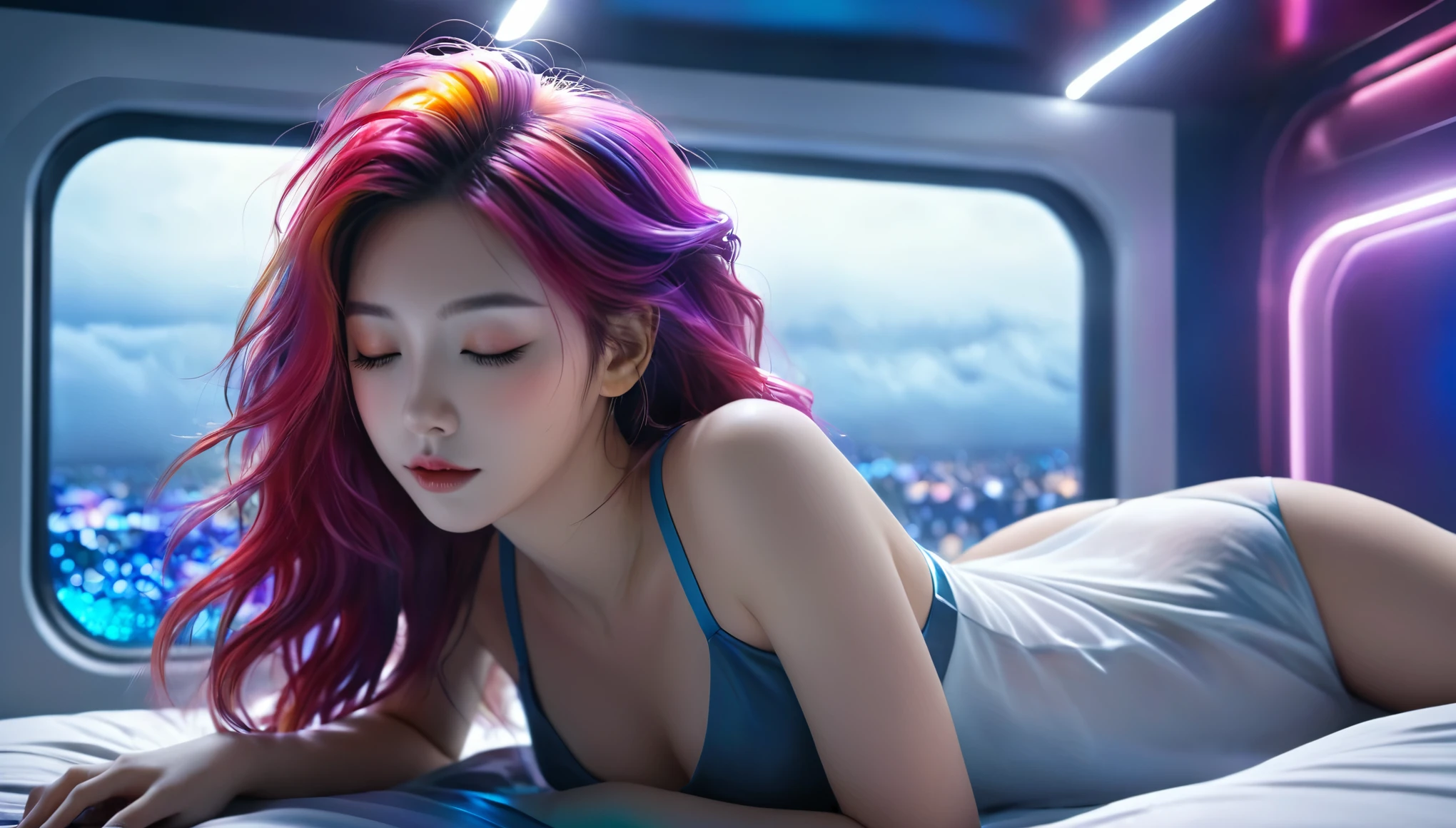 (best quality,8k,ultra-detailed:1.2),(CG,CG art,3D rendering),(masterpiece:1.2),（Crawling on the table），（Sexy clothing），(movie lighting,futuristic),(woman lying in bed,sleeping,closed eyes),(large window behind her,tranquil night),(colorful hair:1.5)
