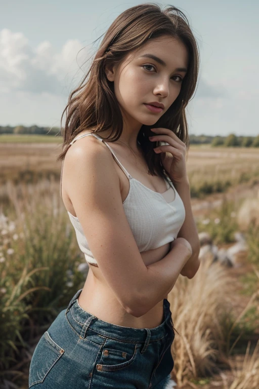 woman, beautiful detailed body and face, sitting frontal, spread legs, wearing white panties , xotton tanktop ,meadow with wildflowers, sunset, realistic, high quality, professional photo, artistic, erotic, masterpiece, dynamic light, shallow depth of field, warm color grading, low-angle shot, cinematic shot, dynamic lighting, 75mm, Technicolor, Panavision, cinemascope, sharp focus, fine details, 8k, HDR, realism, realistic, key visual, film still, cinematic color grading, depth of field
