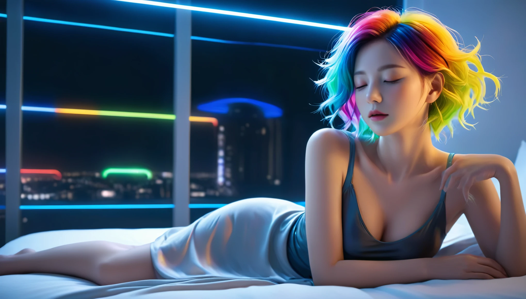 (best quality,8k,ultra-detailed:1.2),(CG,CG art,3D rendering),(masterpiece:1.2),（Crawling on the table），（Sexy clothing），(movie lighting,futuristic),(woman lying in bed,sleeping,closed eyes),(large window behind her,tranquil night),(colorful hair:1.5)
