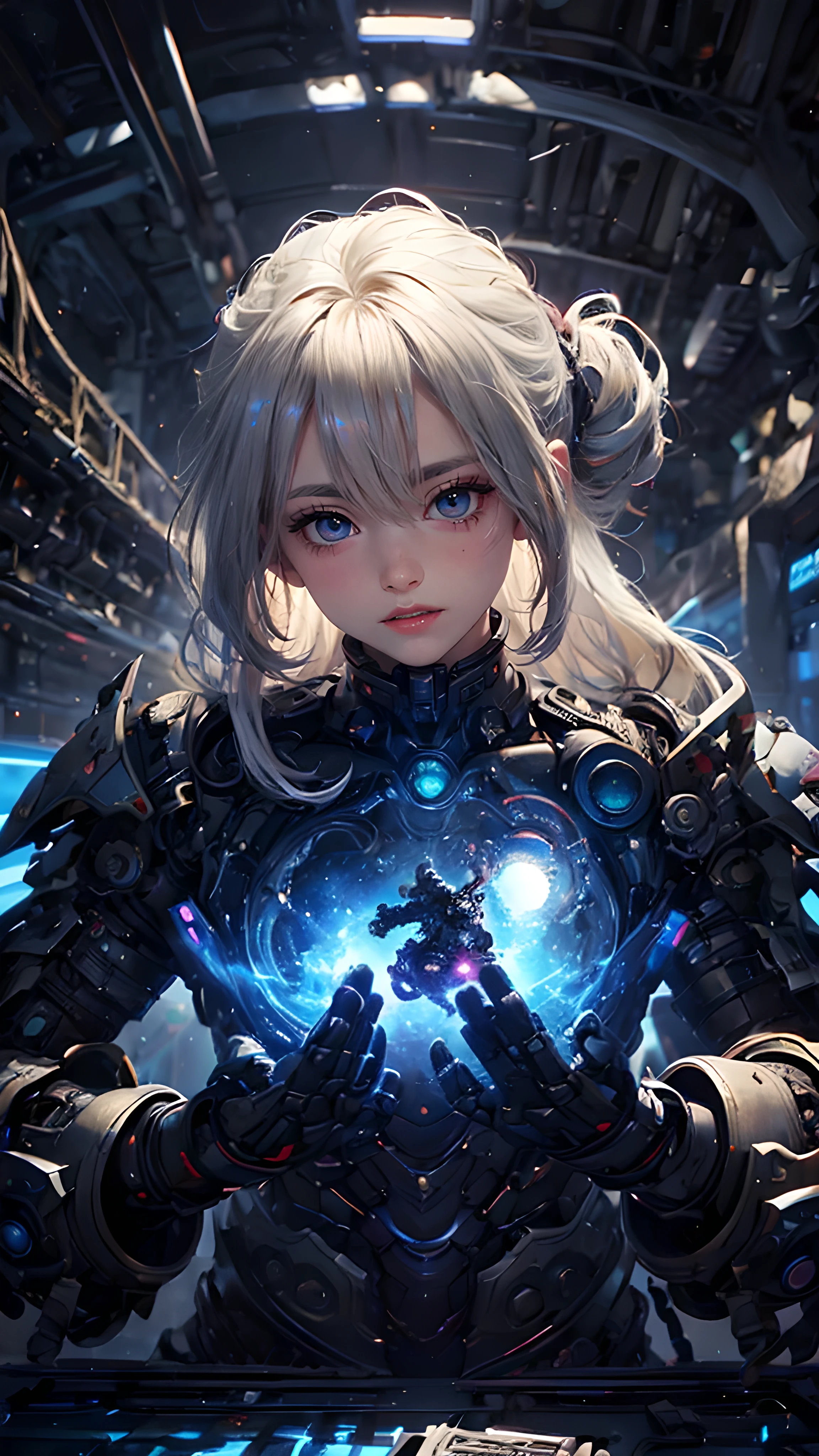 CG Mecha, beautiful eyes, ((Two people))、Upper Body, （Mechanical Armor）、40ＭＭShot with lens, Portrait,Jet Suit、Flying in the sky、patrol、 Official、Perfect、Neon, 8k, born, best quality, On the table, Ultra-high resolution, rich and colorful, (Medium wide angle lens), (Dynamic perspective), Clear focus , (Writing border depth, Bokeh:1.3), Very detailed eyes and face,Ninja Artist, exquisite details、iron, Trim gear:1.2), ((On the table, best quality)), Detailed background, Inside the spaceship、Pick up your weapons、（White hair）、blue eyes、Ponytail、Borne luminescence、new moon、fantasy,masterpiece,insert、spectrum、Puzzled、large robot、kaleidoscope、Detailed gears