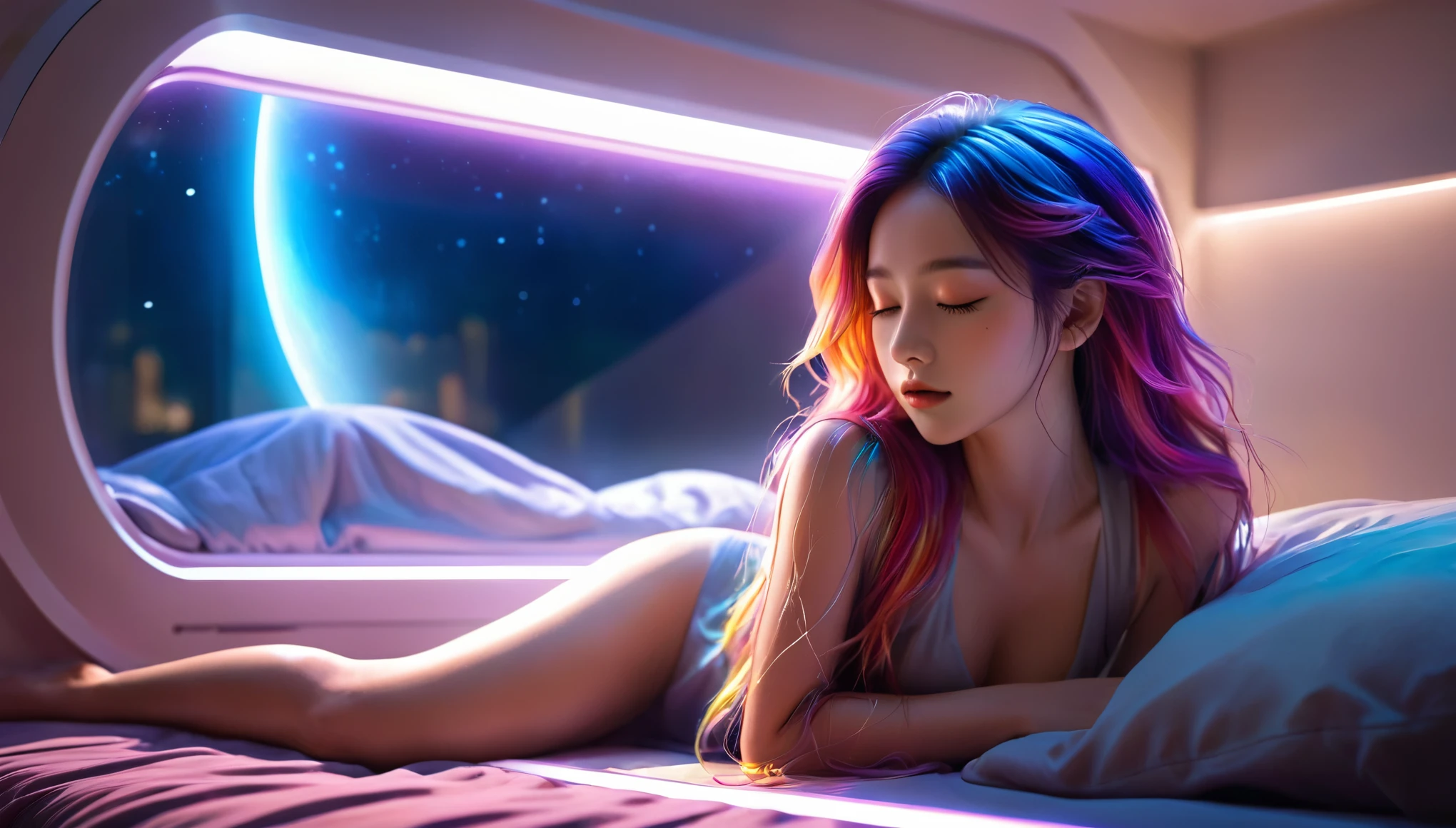 (best quality,8k,ultra-detailed:1.2),(CG,CG art,3D rendering),(masterpiece:1.2),(Crawling on the table),(Sexy clothing),(movie lighting,futuristic),(woman lying in bed,sleeping,closed eyes),(large window behind her,tranquil night),(colorful hair:1.5)