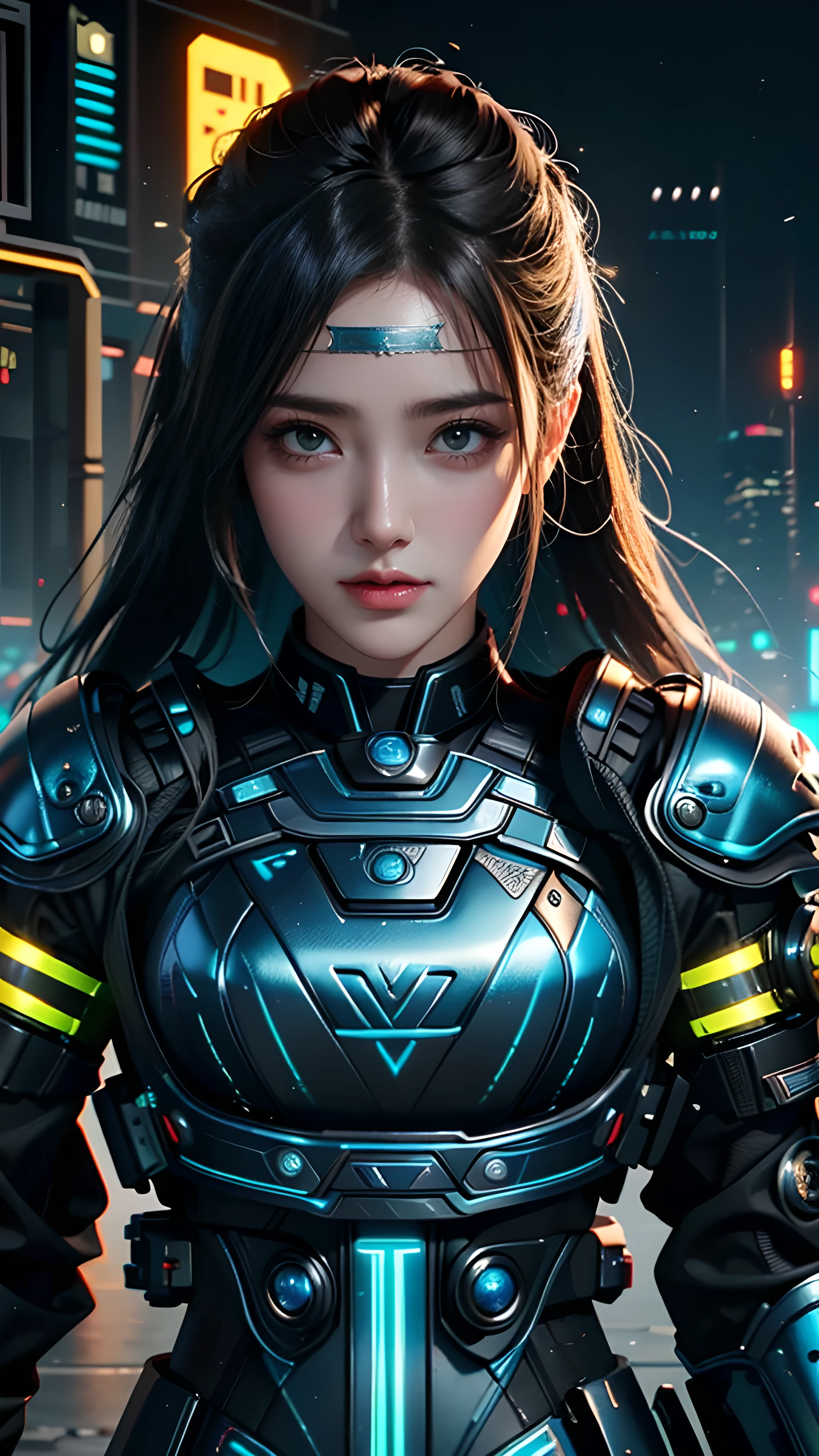 masterpiece，Best quality，Very high resolution，8k，((portrait))，((Head close-up))，original photo，real picture，Digital Photography， (Cyberpunk policewoman in the future world)，(fighting girl)，22-year-old girl，(Casual style long hair，blue)，Eyes full of details，((Tear moles))，lip gloss，(Elegant and charming，Indifferent and noble)，(Futuristic combat uniform full of mechanical style，Clothing that combines the characteristics of police uniforms，Beautiful badges，Intricate patterns on clothing，Brilliant jewelry，Combined Armor，Metallic luster，Power Armor，red and white)，Cyberpunk Characters，Future Style， Photo poses，Street background，Movie Lighting，Ray Tracing，Game CG，((3D Unreal Engine))，oc rendering reflection texture