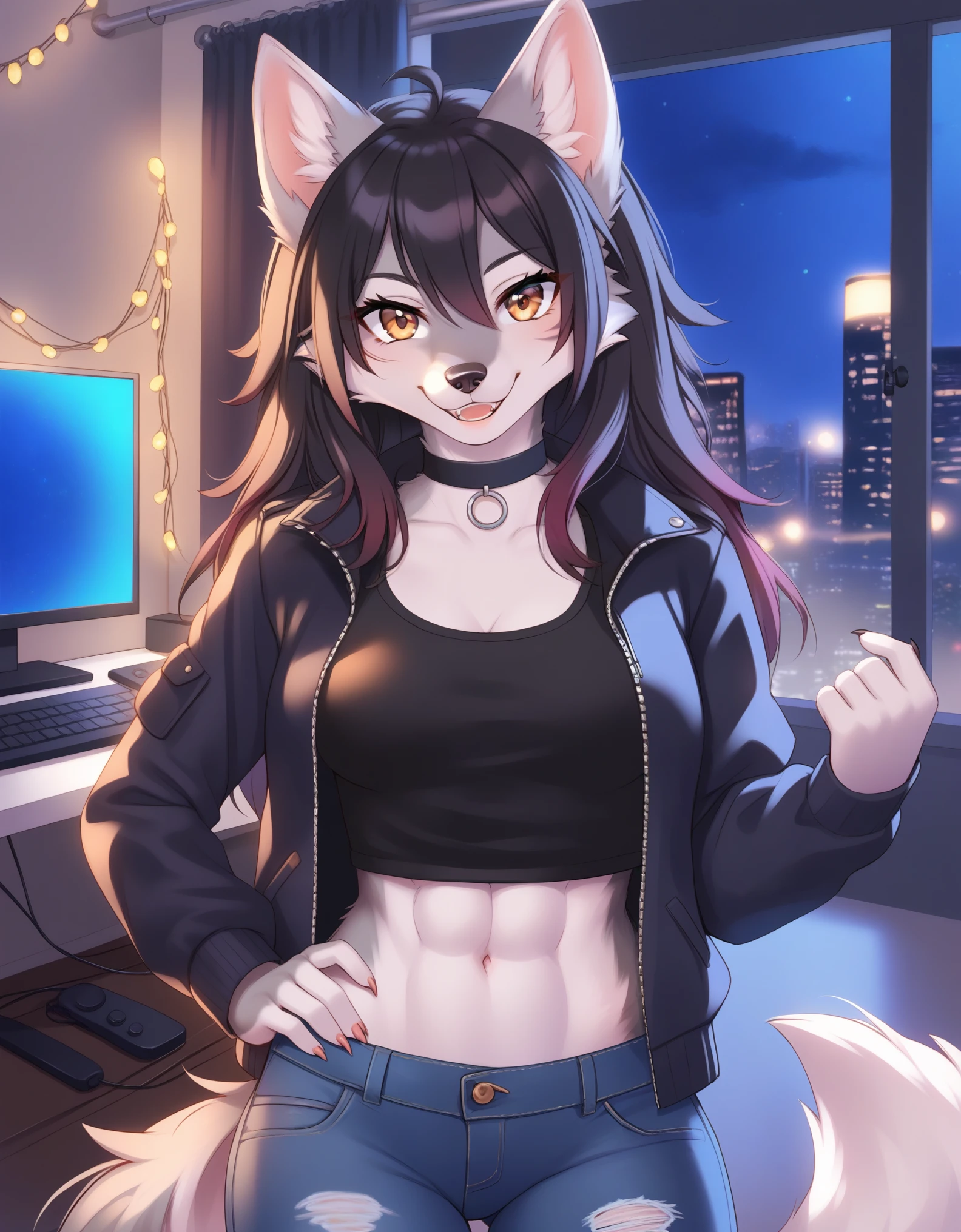 furry, wolf, animal ears, body fur, 1girl, solo, black hair, *//*, brown eye, *//*, looking at viewer, smile, female, ((wolf girl)), young adult, room and city, (((night, RGB lights, warm colors, lofi))), ((room with computers)), screen lights, toned body, choker, chill pose, jacket and jeans, tomboy clothes, femenine clothes, lofi 8bits, furry anthropomorphic wolf, furry wolf nose, ((light-grey fur))