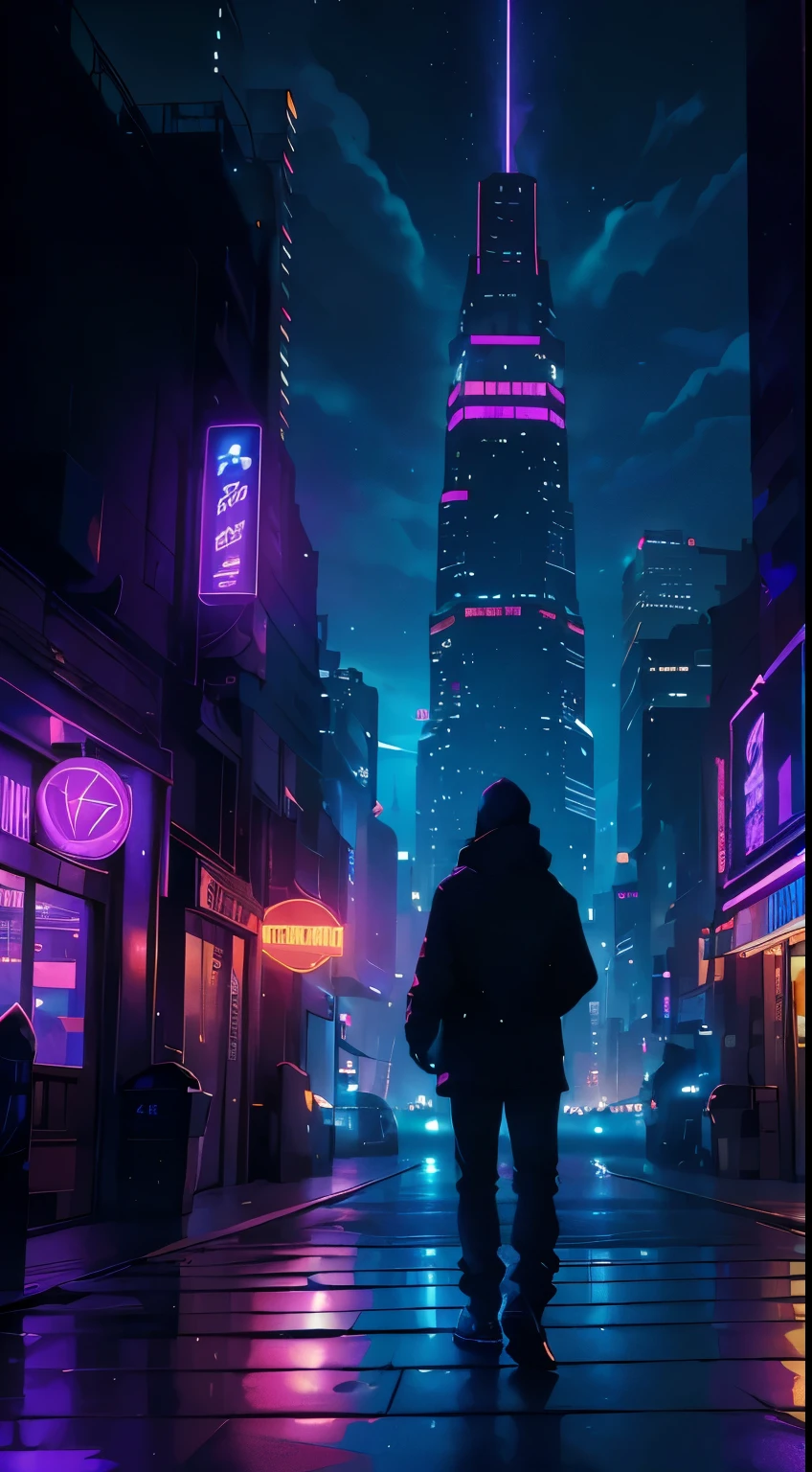 (best quality,4k,8k,highres,masterpiece:1.2),ultra-detailed,(realistic,photorealistic,photo-realistic:1.37),landscape,neon style,purple,navy blue,lilac,red lights,reflection,night city,bustling streets,futuristic buildings,metropolis vibes,magical atmosphere,dreamy clouds,palm trees silhouettes,glowing signs,shimmering water,mysterious shadows,nightlife district,passionate energy,hustle and bustle,inviting alleyways,enchanted feeling,star-filled sky,vibrant colors,dynamic composition,electric ambiance,dazzling cityscape,neon glow,urban charm,awe-inspiring view,serene river,majestic skyline,modern architecture,nighttime enchantment,immersive experience,captivating scenery,ethereal beauty,striking contrasts,dim lighting effects,endless possibilities. straight path, symmetric proportion. make the laser from the tower spread in the sky