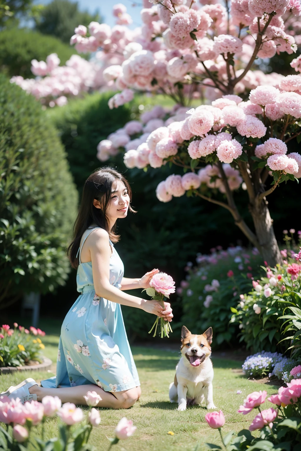 In the small garden in spring,A dog wearing a blue floral dress,A little white butterfly is fluttering towards the peony flowers,White butterfly scared by dog,Flap your wings!,The picture shows a vibrant spring scene