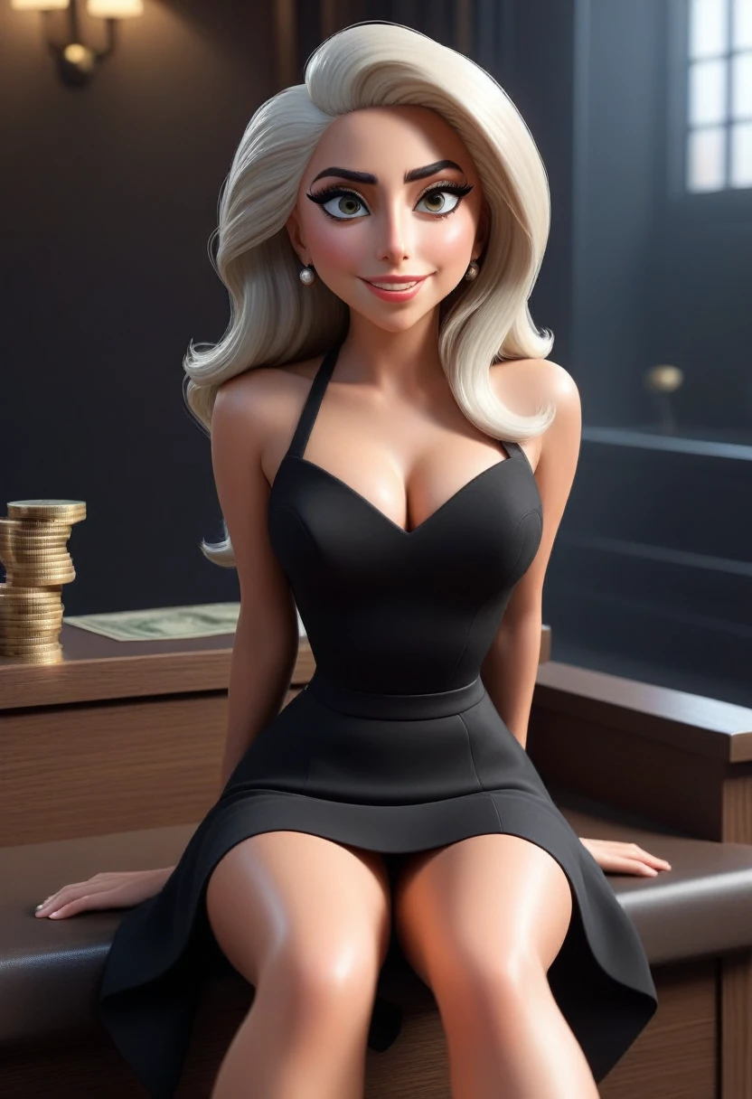 Lady Gaga (20 year old girl) in a black short dress without sleeves, cute appearance, long face, Long thin legs, is sitting, elongated slender figure, high growth, Money is everywhere, sadistic smile on her face, passers-by trying to catch money, cartoon style, 3D, cartoon eyes pixar rendering, funny professional, 4k, (very detailed), Dynamic fighting posture,,natural pose, RAW, 32 thousand. contract, SLR camera