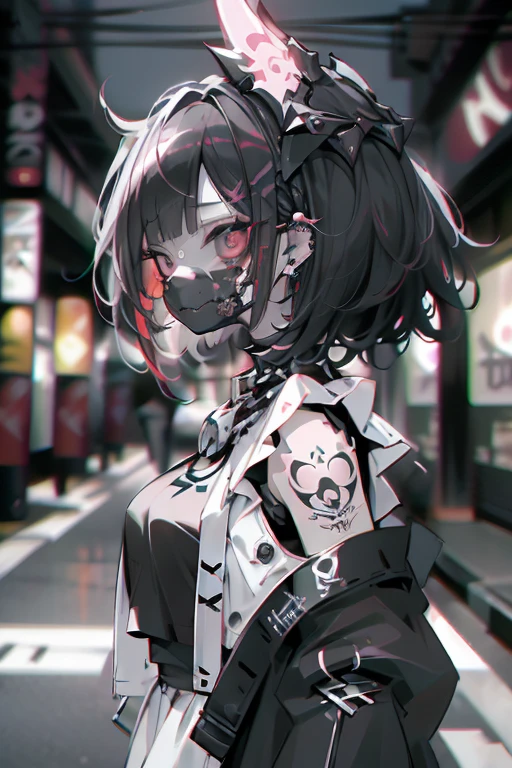 straight haired, Punk Girl, Without mohawk sleeves, The tattoo, head phone, 🎧, goth_punk, 1girl in, solo, medium shot, Walking in Harajuku, ((during night)), bokeh dof, Neon light, Iridescent eyes, gray eyes, red glowing hair, Black eyebrows, Radiant hair, (iridescent red hair), lots of earrings, labret, facial piercings, bangs, jewelry, masks, blunt bangs, Mouth mask, blurry background, blurry, hair adornments, Look at viewers, short hair, portraitures, side look, goth, (masterpiece), (Portrait), (Aesthetic), (Beautiful), (upper body), (High quality), (aesthetic clothings), (professional angle), (thirds rule), (Feminine), (Woman), (Female), (Beautiful), (Feminine features), (25-years old), Solo, 1 woman, (Charming punk girl), Dramatic light, ((Playing guitar)), (Standing), Edgy makeup, (huge breasts), (Front face), (Defiant expression), ((defiance)), (Leather jackets and tattoos), ((Short hair)), (dyed (E.G. and pinks) hair), (spiky hair), (Thick hair), matte Shine Hair, (Hair bands scattered in the hair), (gray eyes), (Bold and bold look), (pale skin), (Dark clothes), (Band T-shirt), (Ripped jeans), (-), crew neckline), ((Urban alley background)), (up close shot), Beautiful hands, Two hands, normal hands, Two arms, complete hands, Beautiful body, Beautiful fingers, normal fingers, Five Fingers, Five Fingers, (Thumb index finger ring finger), Beautiful ears, normal ears, Beautiful eyes, shiny eyes, Beautiful mouth, Beautiful lips,