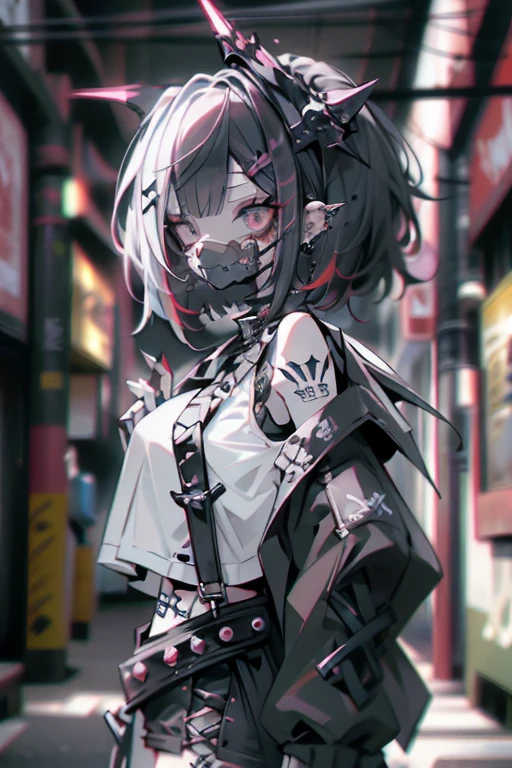 straight haired, Punk Girl, Without mohawk sleeves, The tattoo, head phone, 🎧, goth_punk, 1girl in, solo, medium shot, Walking in Harajuku, ((during night)), bokeh dof, Neon light, Iridescent eyes, gray eyes, red glowing hair, Black eyebrows, Radiant hair, (iridescent red hair), lots of earrings, labret, facial piercings, bangs, jewelry, masks, blunt bangs, Mouth mask, blurry background, blurry, hair adornments, Look at viewers, short hair, portraitures, side look, goth, (masterpiece), (Portrait), (Aesthetic), (Beautiful), (upper body), (High quality), (aesthetic clothings), (professional angle), (thirds rule), (Feminine), (Woman), (Female), (Beautiful), (Feminine features), (25-years old), Solo, 1 woman, (Charming punk girl), Dramatic light, ((Playing guitar)), (Standing), Edgy makeup, (huge breasts), (Front face), (Defiant expression), ((defiance)), (Leather jackets and tattoos), ((Short hair)), (dyed (E.G. and pinks) hair), (spiky hair), (Thick hair), matte Shine Hair, (Hair bands scattered in the hair), (gray eyes), (Bold and bold look), (pale skin), (Dark clothes), (Band T-shirt), (Ripped jeans), (-), crew neckline), ((Urban alley background)), (up close shot), Beautiful hands, Two hands, normal hands, Two arms, complete hands, Beautiful body, Beautiful fingers, normal fingers, Five Fingers, Five Fingers, (Thumb index finger ring finger), Beautiful ears, normal ears, Beautiful eyes, shiny eyes, Beautiful mouth, Beautiful lips,