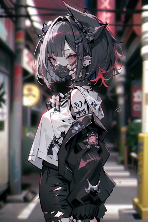 straight haired, Punk Girl, Without mohawk sleeves, The tattoo, head phone, 🎧, goth_punk, 1girl in, solo, medium shot, Walking in Harajuku, ((during night)), bokeh dof, Neon light, Iridescent eyes, gray eyes, red glowing hair, Black eyebrows, Radiant hair, (iridescent red hair), lots of earrings, labret, facial piercings, bangs, jewelry, masks, blunt bangs, Mouth mask, blurry background, blurry, hair adornments, Look at viewers, short hair, portraitures, side look, goth, (masterpiece), (Portrait), (Aesthetic), (Beautiful), (upper body), (High quality), (aesthetic clothings), (professional angle), (thirds rule), (Feminine), (Woman), (Female), (Beautiful), (Feminine features), (25-years old), Solo, 1 woman, (Charming punk girl), Dramatic light, ((Playing guitar)), (Standing), Edgy makeup, (huge breasts), (Front face), (Defiant expression), ((defiance)), (Leather jackets and tattoos), ((Short hair)), (dyed (E.G. and pinks) hair), (spiky hair), (Thick hair), matte Shine Hair, (Hair bands scattered in the hair), (gray eyes), (Bold and bold look), (pale skin), (Dark clothes), (Band T-shirt), (Ripped jeans), (-), crew neckline), ((Urban alley background)), (up close shot), Beautiful hands, Two hands, normal hands, Two arms, complete hands, Beautiful body, Beautiful fingers, normal fingers, Five Fingers, Five Fingers, (Thumb index finger ring finger), Beautiful ears, normal ears, Beautiful eyes, shiny eyes, Beautiful mouth, Beautiful lips,
