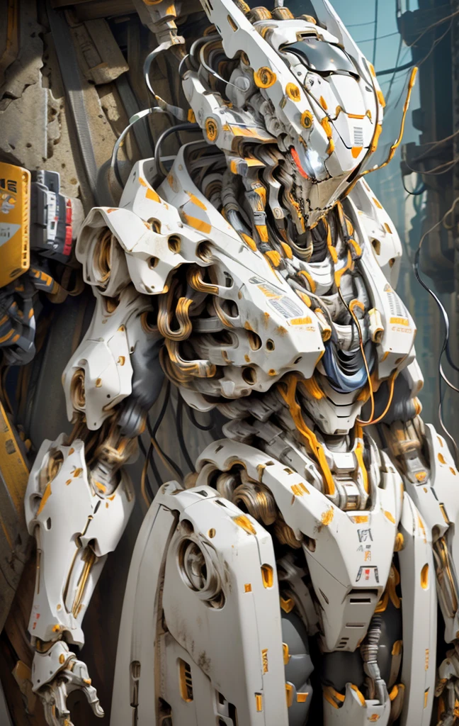 1 woman inside a huge bulky exoskeleton robot , ((bulky)) armor, mecha,
ink, clean lines, negative space, high contrast, gradient color,(((masterpiece))), ((best quality)), (ultra-detailed), (CG illustration), (an extremely devious and beautiful)), cinematic light, ((mechanical girl)), single, (machine-made joints: 1.4), ((mechanical limbs)), ( blood vessels attached to the tube), ((mechanical cervical vertebrae attached to the neck), (wires and cables attached to the head and body: 1.5), city ruin scenery, dynamic pose, dynamic light, indonesia flag
