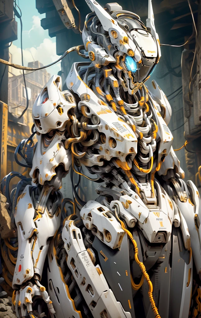 1 woman inside a huge bulky exoskeleton robot , ((bulky)) armor, mecha,
ink, clean lines, negative space, high contrast, gradient color,(((masterpiece))), ((best quality)), (ultra-detailed), (CG illustration), (an extremely devious and beautiful)), cinematic light, ((mechanical girl)), single, (machine-made joints: 1.4), ((mechanical limbs)), ( blood vessels attached to the tube), ((mechanical cervical vertebrae attached to the neck), (wires and cables attached to the head and body: 1.5), city ruin scenery, dynamic pose, dynamic light, indonesia flag