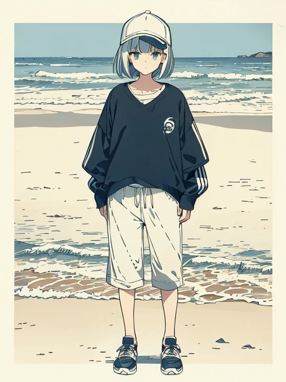 cute, masterpiece, highest quality, high resolution,,One girl standing on the beach, alone,Silver Hair, Small earrings Bob cut hair, Sports Style,outside,Artistic,An illustration,Pants Style,Line art,Aqua Eye,morning,look up,back,Seaside,Best lighting,sun,Girl in sportswear,Girl in cap,Girl in running shoes,clavicle,tall,Flat Chest