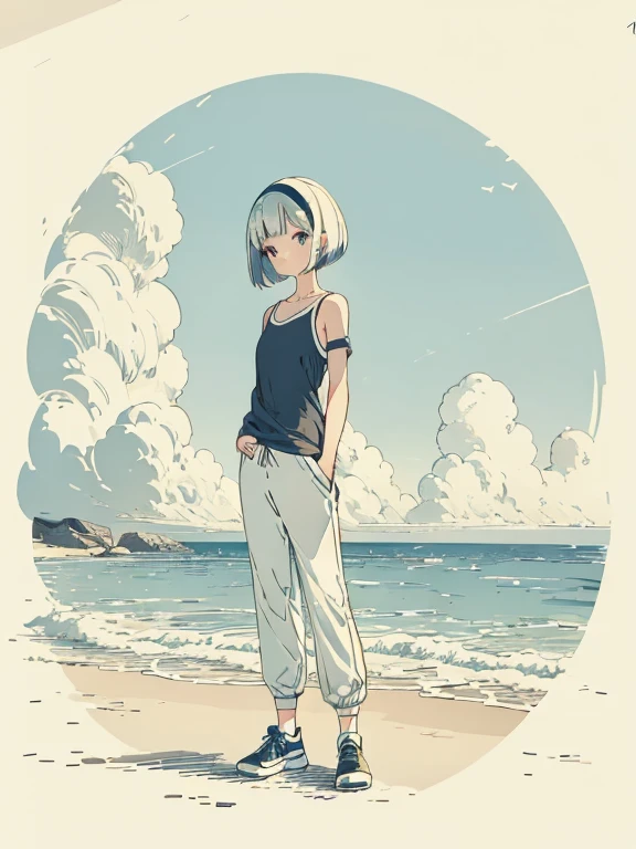 cute, masterpiece, highest quality, high resolution,,One girl standing on the beach, alone,Silver Hair, Small earrings Bob cut hair, Sports Style,outside,Artistic,An illustration,Pants Style,Line art,Aqua Eye,morning,look up,back,Seaside,Best lighting,sun,Girl in sportswear,Girl in cap,Girl in running shoes,clavicle,tall,Flat Chest