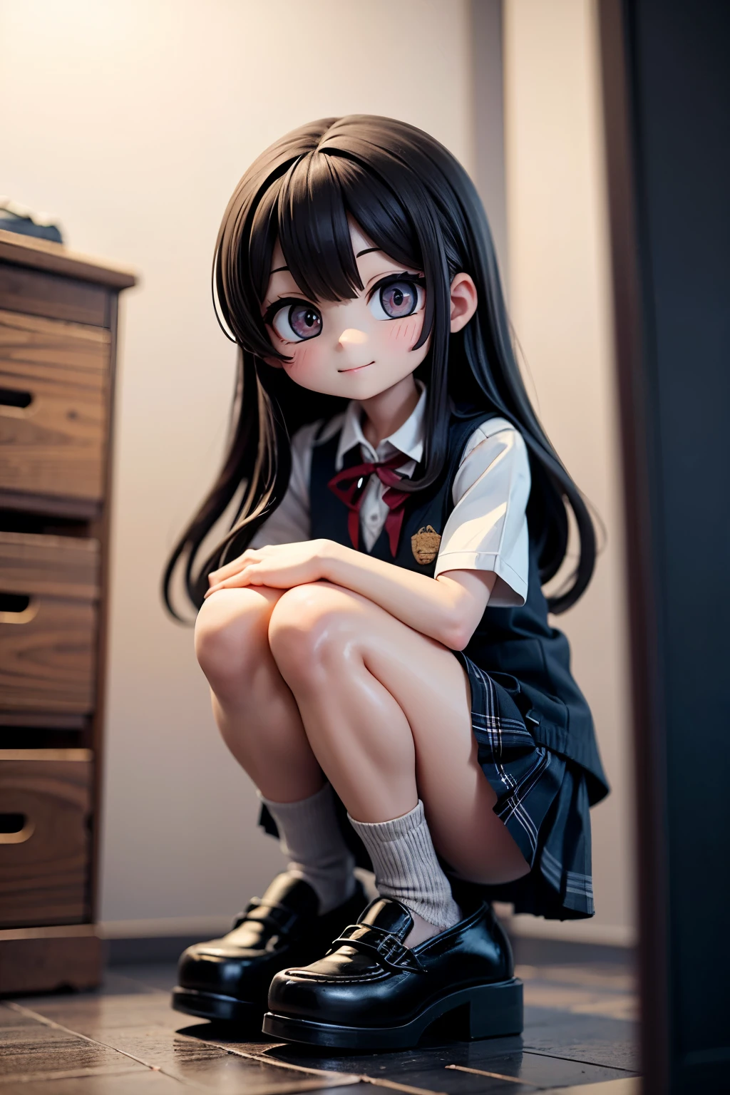 、Jewel-like eyes、full body、smile、Long black hair、ribbon、(Blue checkered pleated skirt)+(White collared shirt)、Crouching