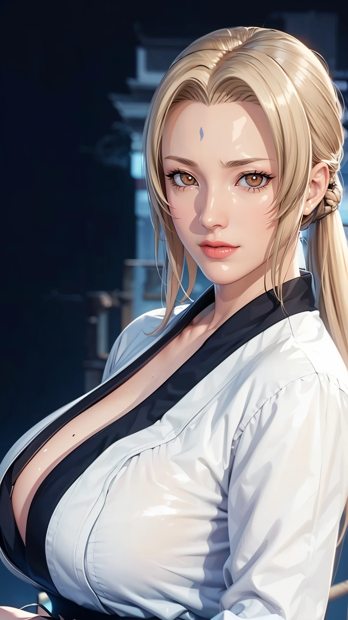 （（（完美figure，figure，solo， White and tender skin，（（（Cyberpunk，tsunade, Japanese clothes, sash, jacket，A tea green long jacket with black edges, black belt,  ））），（（（t5un4d3, Light yellow long hair, blue purple mark on forehead, light yellow thin short eyebrows, bright brown pupils, light red lips））），((masterpiece)),high resolution, ((Best quality at best))，masterpiece，quality，Best quality，（（（ Exquisite facial features，Looking at the audience,There is light in the eyes，(（（Smile，confidence)））)，））），型figure:1.7））），（（（Light and shadow，Huge breasts））），（（（Looking at the camera，black background）））