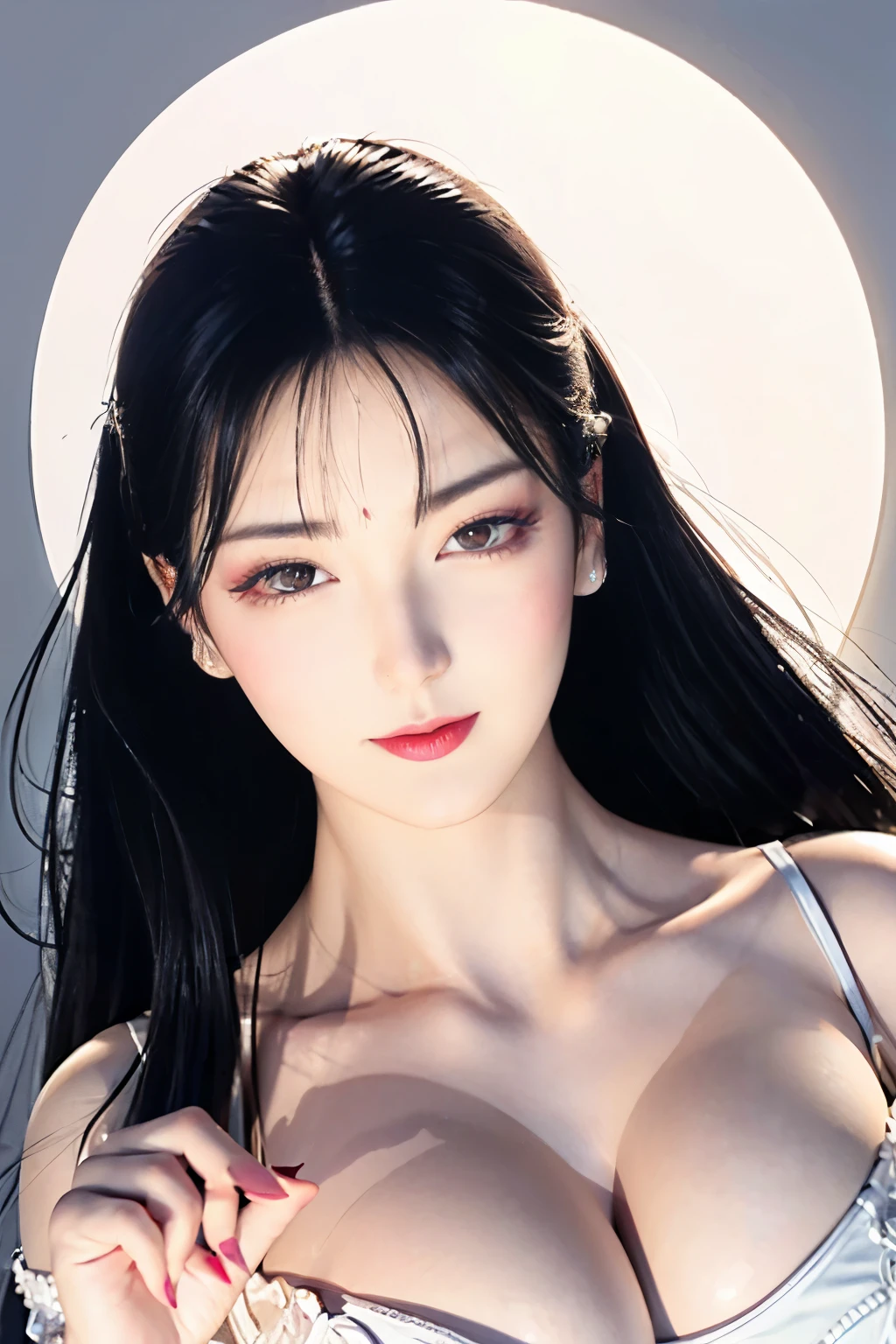 (large round breasts: 1.6), very delicate and beautiful, masterpiece, highest quality, ultra high resolution, 16k, photorealistic, ultra detail, narrow eyes, 1 girl, all white, forehead, black hair , solo, ((very voluptuous glamor)), narrow slit eyes, dark eyes, sparkling eyes, black hair, gloves, dress, luxurious jewelry, earrings, piercing eyes, elbow grooves, hair tied back with hands raised, transparent Demi - cup off-shoulder bra in random colors, transparent short dress in random colors, long eye makeup, narrow eyes, smile, lipstick, complex petal pattern, rim light, backlight, pastel color, studio lighting.