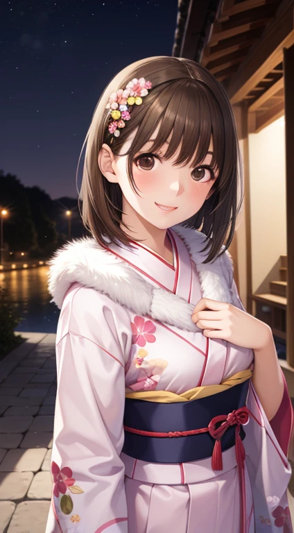 Photorealistic,Solo Girl,  
20-year-old,Shiny brown hair, short hair, Brown eyes、smile、,Mid-chest, smile,Happy,Floral Hair Accessories,
Pink kimono, Floral,White fur scarf,night,shrine,highest quality,  High resolution,  Very detailed,  Detailed Background,  Perfect lighting