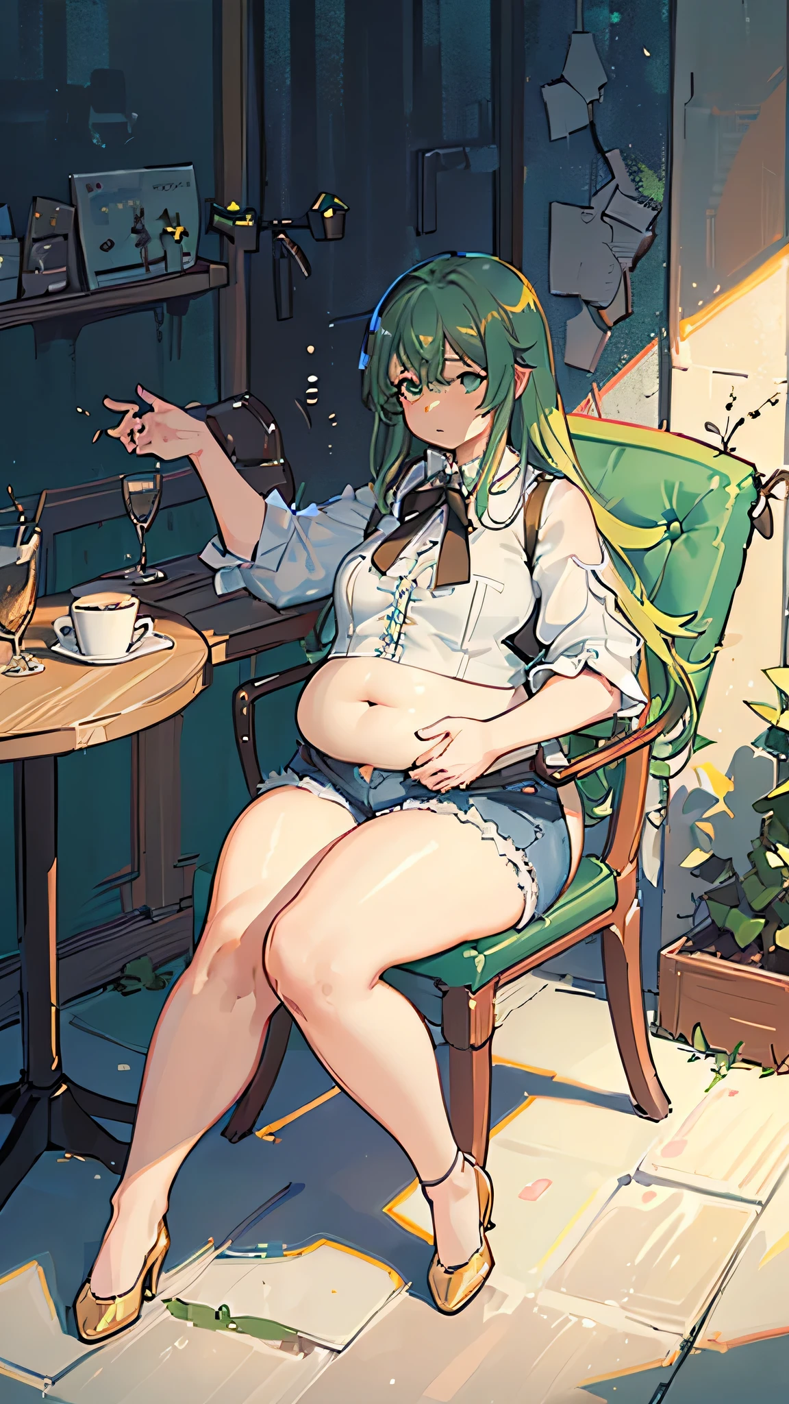 (small cafe background:1.5), (chair, sitting diagonally:1.5) (big ass, thick thighs:0.7), (warm light source:1.2), intricate details, volumetric lighting, Realism BREAK(masterpiece:1.2), (top quality), 4K, ultra detail, (Dynamic configuration:1.4), Very detailed and colorful details,(rainbow colors:1.2), (shining lights, atmospheric lighting), dreamy, magical, (alone:1.2), intricate details, cheeky expression, big breasts drooping, (green eyes:1.5), (a devastated expression, dead eyes, dark atmosphere:1.5), (Green long hair:1.5), (suit, suit, shoes, denim shorts, dress shirt with lace:1.5), (plump,thick thighs, thick ass:1.5), (beautiful eyes, flushing:1.5),(muffin_top, Belly Fat:1.5),(sitting on a chair, diagonal shot:1.5),(holding belly fat:1.5)