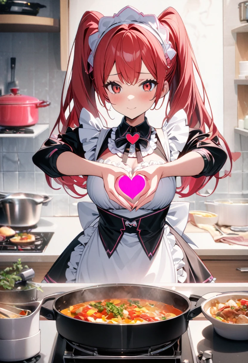 High quality, high definition, hig
h precision images,8k 1 girl、red hair,Twin tails,Red eyes.(robot style red and white barrette)、((white and pink frills luxurious maid outfit))、cute and colorful kitchen,cooking in a pot,(Make a heart symbol with both hands toward the pot.)see the pot