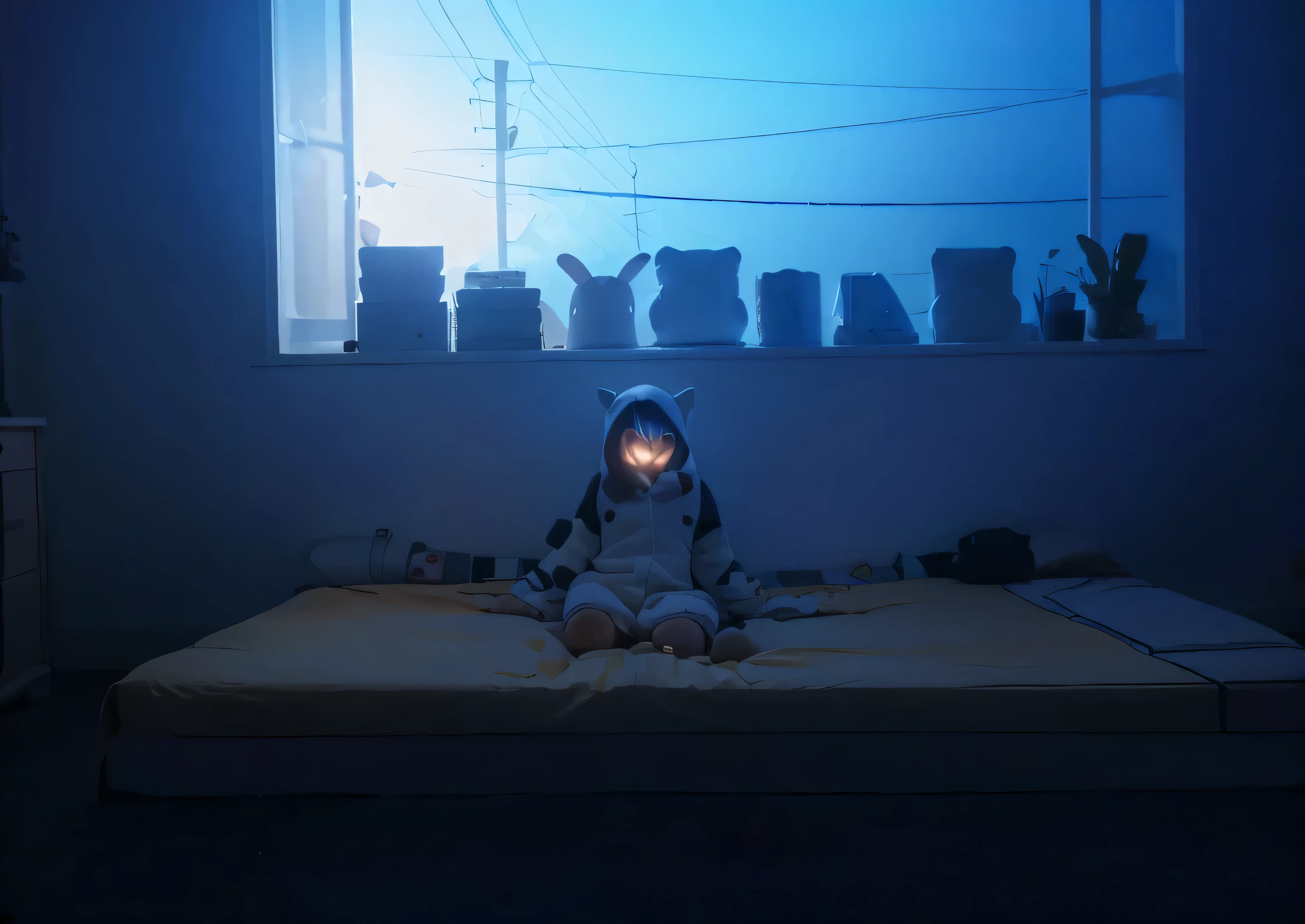 girl in kigurumi lies on the bed under the window