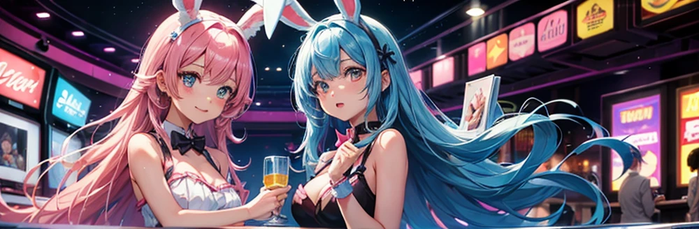 2girl,cute pink girl and cool blue girl,bunny girl,in casino,gambler