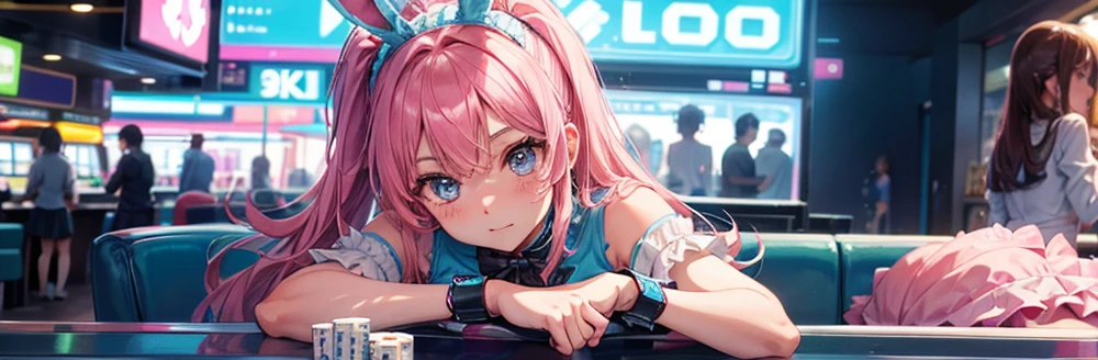 2girl,cute pink girl and cool blue girl,bunny girl,in casino,gambler