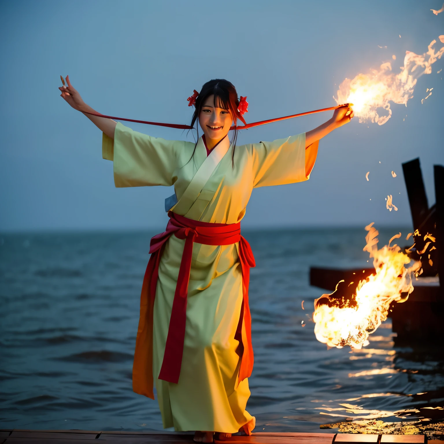 1 female、Levitation、Spread your arms wide horizontally、Fire effects from both handy hairs fluttering wildly、With eyes wide open、Shrine maiden costume、Standing on the water、Wavy Pattern