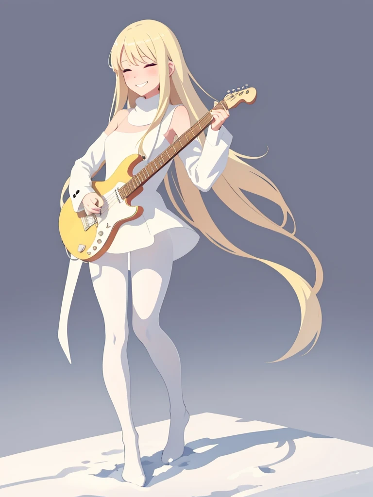 (masterpiece, best quality),  1girl, , , long blonde hair, white bra, flat chest, (white pantyhose:1.1), (playing a white electric guitar1.3), grin, blush, standing, full body, feet, winter, snow, bright, white, anime minimalist, watercolor