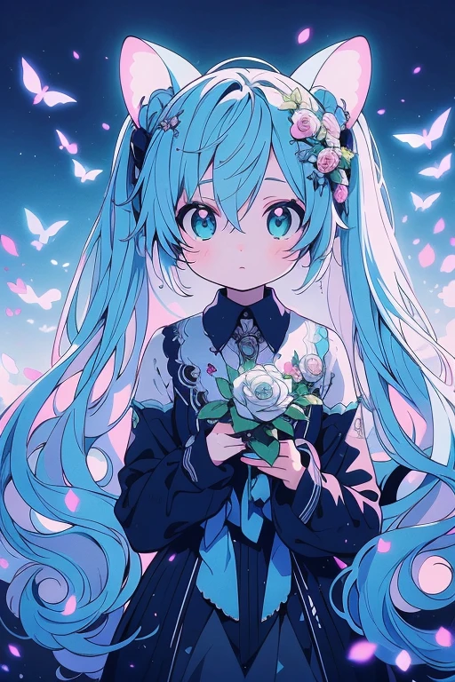 face focus, masterpiece, highest quality, 1 girl, hatsune miku, White Rose, petal, night background, fire Fly, particles of light, alone, Twin-tailed aqua hair, aqua eye, Are standing, pixiv, Depth of the bounds written, cinematic composition, best lighting, look up