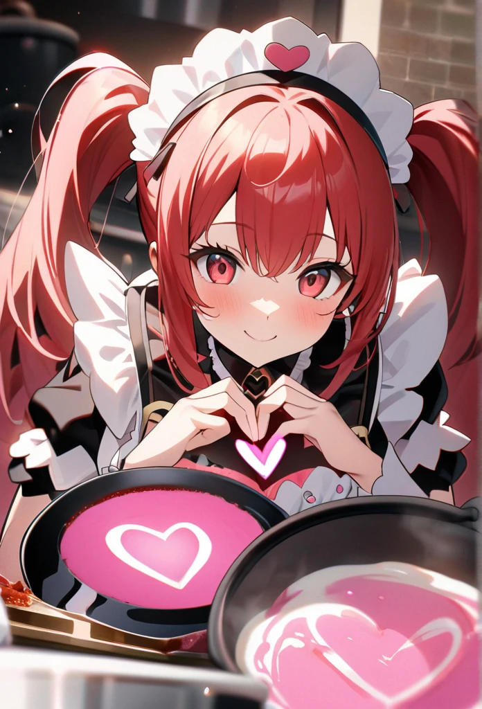 High quality, high definition, hig
h precision images,8k 1 girl、red hair,Twin tails,Red eyes.(robot style red and white barrette)、((white and pink frills luxurious maid outfit))、cute and colorful kitchen,cooking in a pot,(Make a heart symbol with both hands toward the pot.)see the pot、Close up of pot、smile