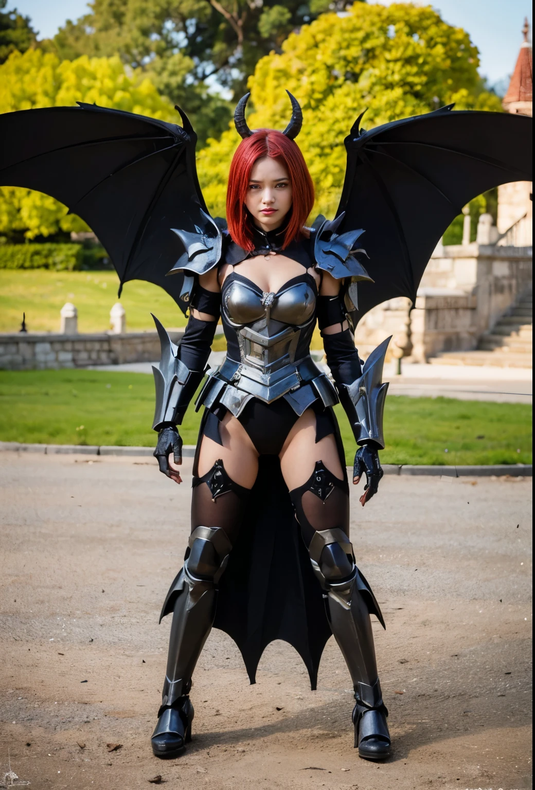 (masutepiece), Professional , masterpiece、top-quality、photos realistic , depth of fields 、(Dragon Black Metal Body:1.9),(Matte Blue Black、(cleavage of the breast)、Dragon Gold Weapon(Dragon Metal Body:1.4),Gorgeous gold weapons ,(( Dragon's dense and gorgeous sword)) , (demonic wings) ,warhammer 40k , adepta sororitas,Detail and gorgeous crown、((Red hair))、(Castle background)、((Gangle's forest background))、Beautiful Caucasian beauty、1a person、dynamic ungle,(((Detailed and ornate Black Dragon Crown)))、Smaller head、A smile、Castle background、Thin and beautiful female hands、cleavage of the breast、Soldier in iron armor on background、Mystical expression、Light Effects、intense fighting、Wind-effect、magic circles、With the legendary magic wand、Dragon's tail、