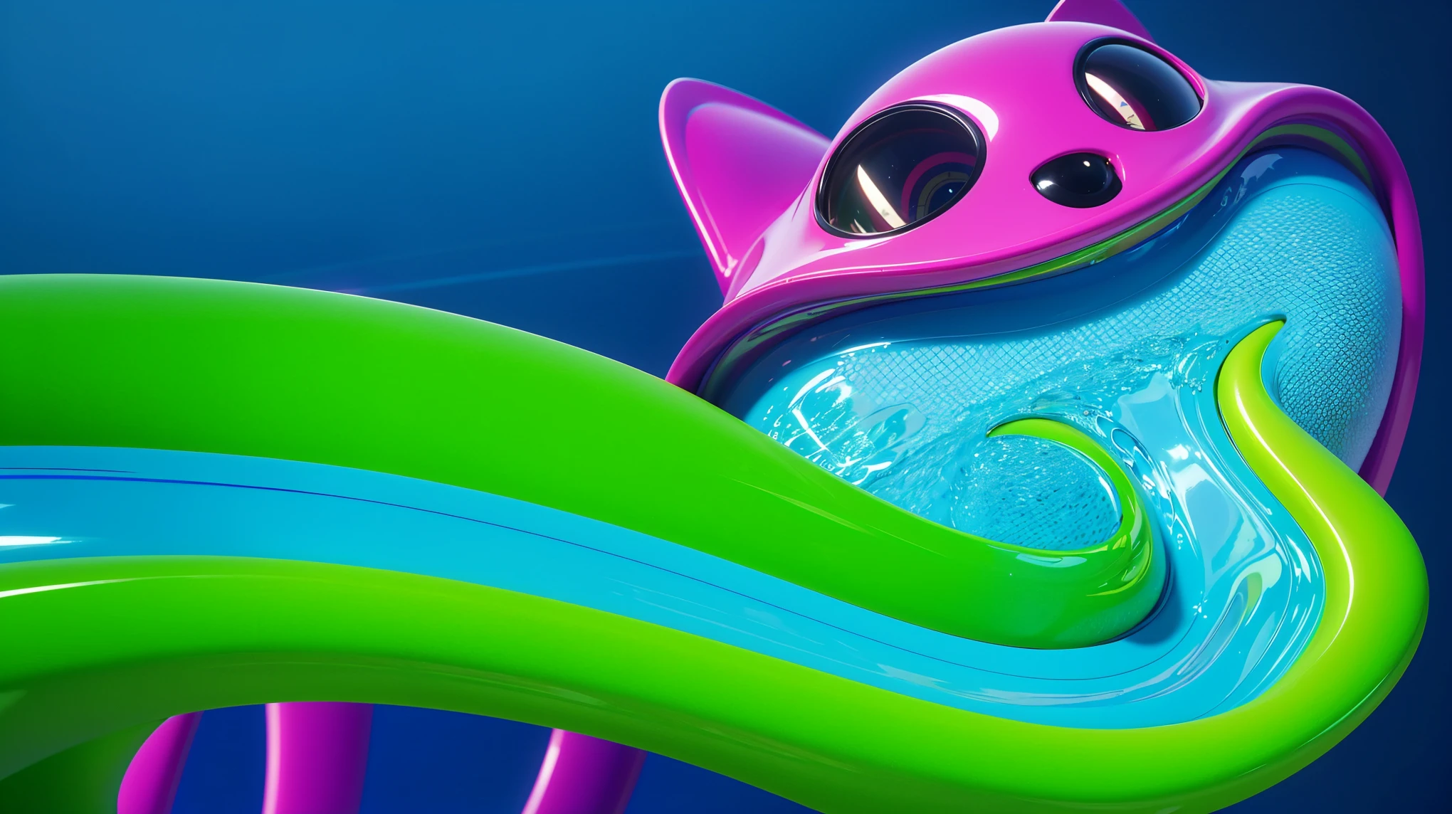 Pink-blue creature with black eyes and a smile and a pool in its mouth deep children's pool filled with beautiful water with waves. The image depicts a close-up of a large, metallic spider-like robot with six legs and a body that resembles a combine harvester. It stands on a blue floor and is facing a red wall.cartoon key frame rendering, cute 3D rendering, Shiny metallic, zbrush color rendering. perfect cgi, cgi art created only with gradients, smooth silhouette, high intensity refraction, (plastic material), most beautiful vfx, blue background, plastic refractions, glossy texture, smooth 3d model, multiple light sources, rim light, sharp post effects render, (glossy plastic texture with multiple big light probe refractions), perfect cgi, cgi art created only with gradients, smooth silhouette, high intensity refraction, (plastic material), most beautiful vfx, blue background, plastic refractions