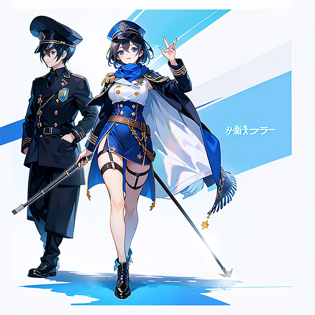 1girll,solo, figure,Delicate face and beautiful eyes,Delicate hair,short detailed hair,Blue sky background,Blue Themes,Black officer's cap,scarf,Black officer coat,(White background 1::5),Standing painting style,laughingly,((full bodyesbian)),(Detailed eyes),Leg straps,Officer shoes,walking stick