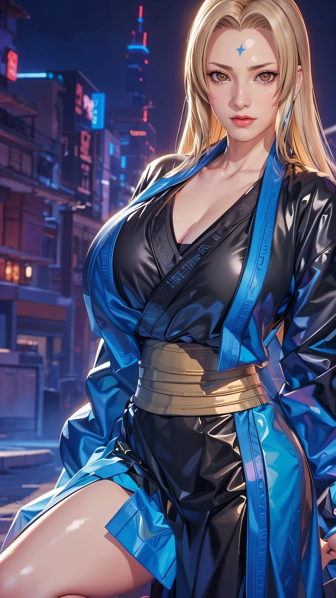 （（（完美figure，figure，solo， White and tender skin，（（（Cyberpunk，tsunade, Japanese clothes, sash, jacket，A tea green long jacket with black edges, black belt,  ））），（（（t5un4d3, Light yellow long hair, blue purple mark on forehead, light yellow thin short eyebrows, bright brown pupils, light red lips））），((masterpiece)),high resolution, ((Best quality at best))，masterpiece，quality，Best quality，（（（ Exquisite facial features，Looking at the audience,There is light in the eyes，(（（Smile，confidence)））)，））），型figure:1.7））），（（（Light and shadow，Huge breasts））），（（（Looking at the camera，black background）））